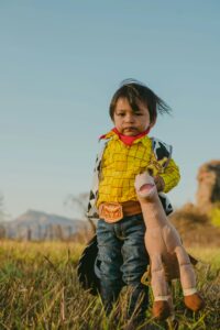 Cute child dressed as a cowboy with a plush horse, standing in a grassy field.