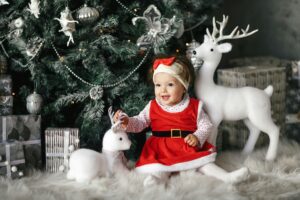 A cheerful baby in a red outfit sits among Christmas decor under a festive tree, exuding joy and holiday spirit.